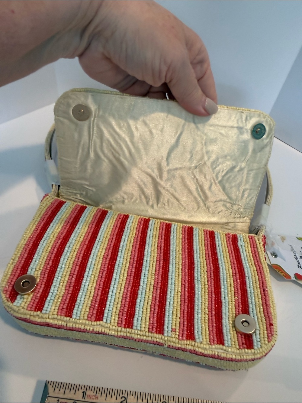 * Beaded Fruit Mosaic Mini Shoulder Bag - Yellow Accents on a Striped Background - Picture 4 of 5